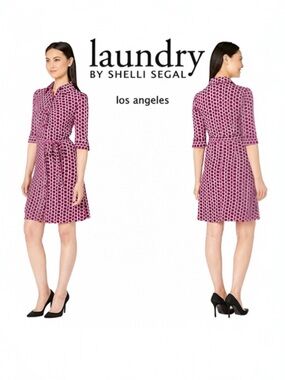 Laundry By Shelli Segal Shirt Dress 6 Pink Geo Print Belted 3/4 Sleeve